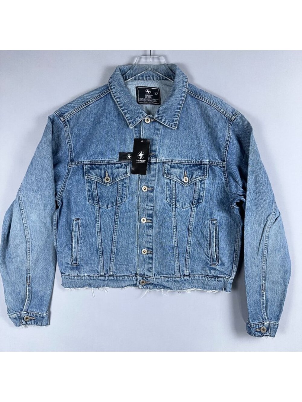 Thunder Cropped Jacket Size Large Light Blue Distressed Frayed Hem Button Front
